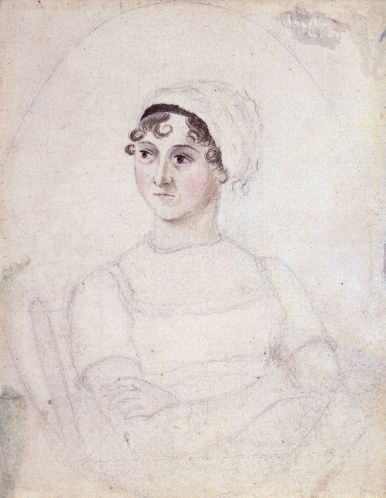 Watercolor and pencil portrait of Jane Austen by Cassandra Austen