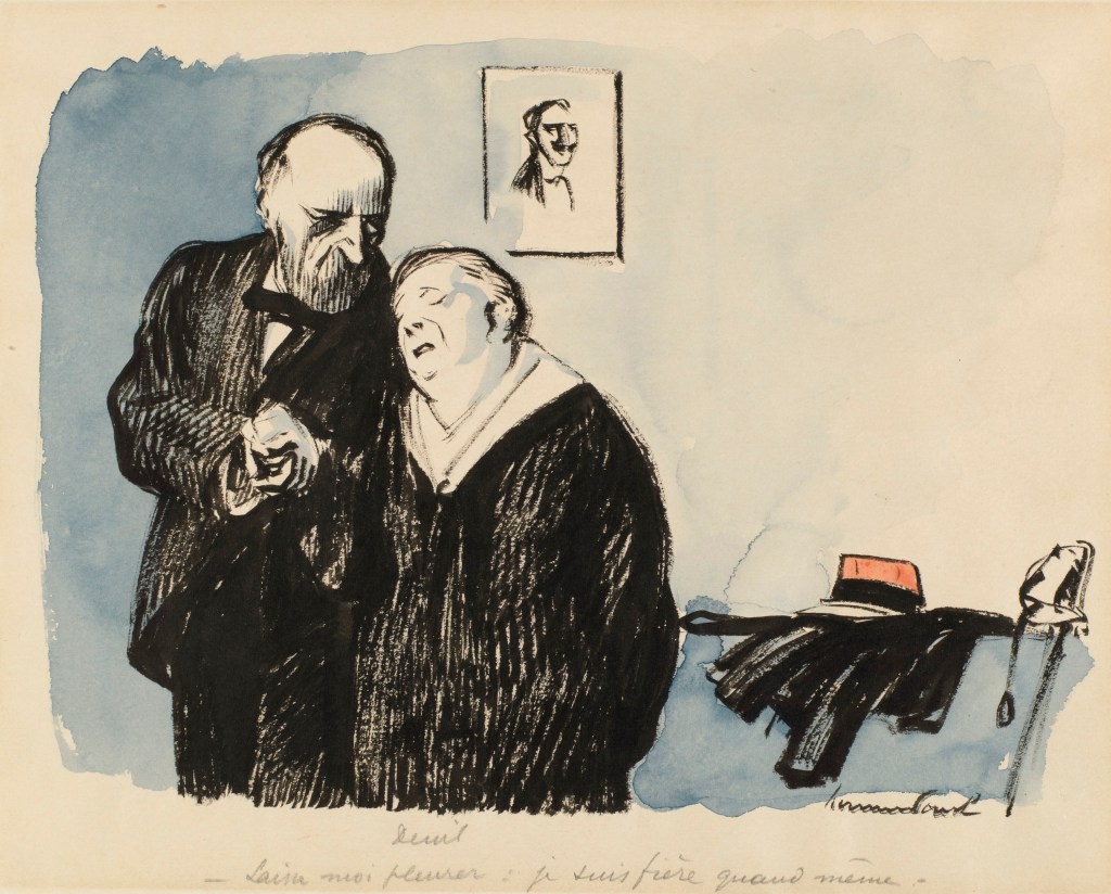 Drawing of a man comforting a grieving woman