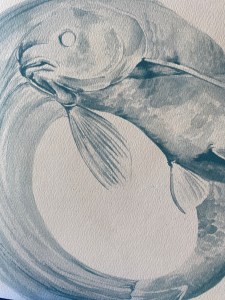Artwork from the cover of Max Ritvo's FOUR REINCARNATIONS, depicting a koi fish as a circle
