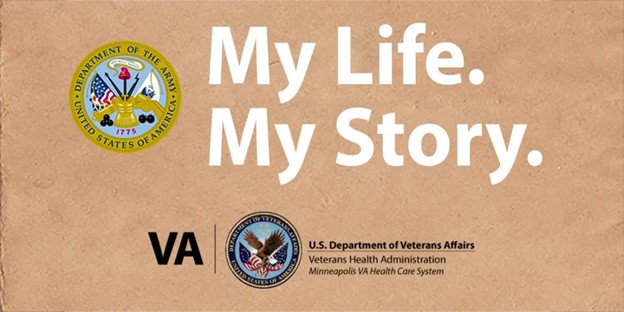 Tan logo for My Life, My Story program run by the VA Hospital