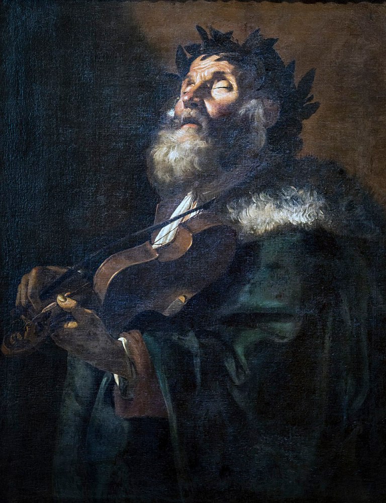 A blind, bearded man, looking upwards, with a lurel wreath on his head, and draped in a heavy, green cloak, is fiddling.