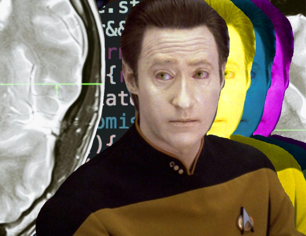 An image of Data from Star Trek Next Generation. In the background there are neon silhouettes of Data, as well as computer code and scans of human brains.