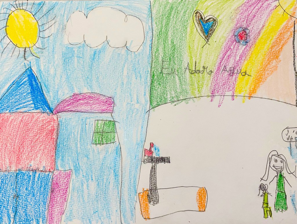 a children's crayon drawing showing a house, sink, and rainbow of colors
