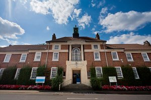 Brick exterior of former asylum.