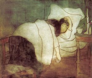 2D copy of the 1891 painting "Woman in Bed" by József Rippl-Rónai showing a dark haired woman asleep in a crisp, white bed